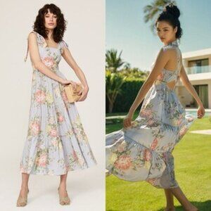 Yumi Kim Tinsley Hearts Delight Blue Floral Print Tie Strap Maxi Dress Size XS